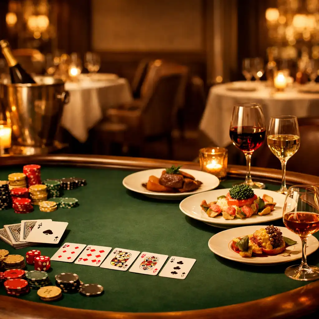 Table de poker élégante avec plats raffinés et verres de vin dans un restaurant gastronomique parisien