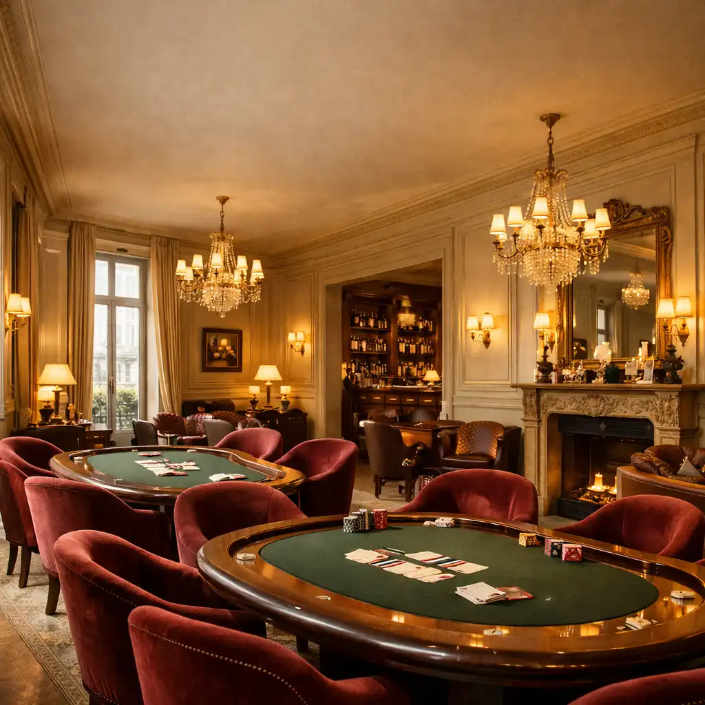 Intérieur d'un club privé parisien élégant avec des tables de poker en bois sombre et des fauteuils en velours bordeaux