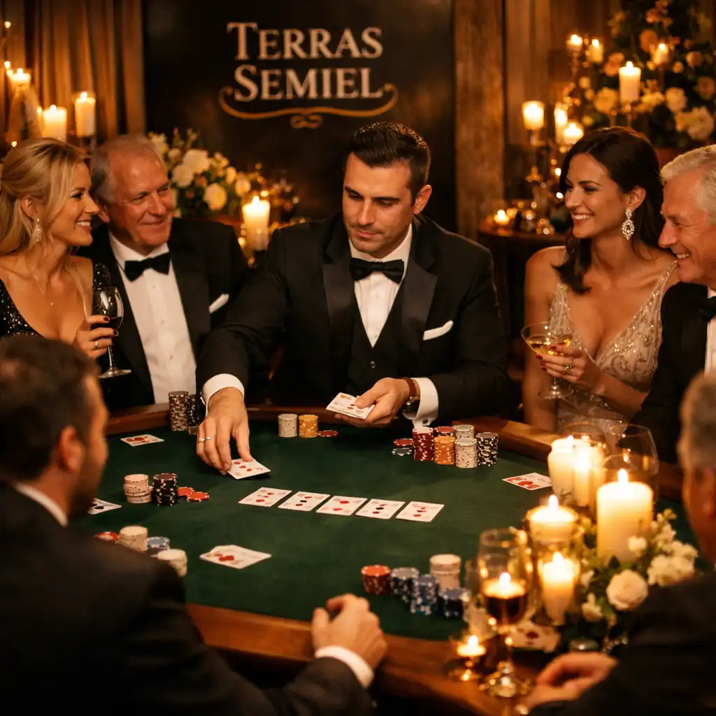 Invités élégants en tenue de soirée autour d'une table de poker lors d'un événement Terras Semiel