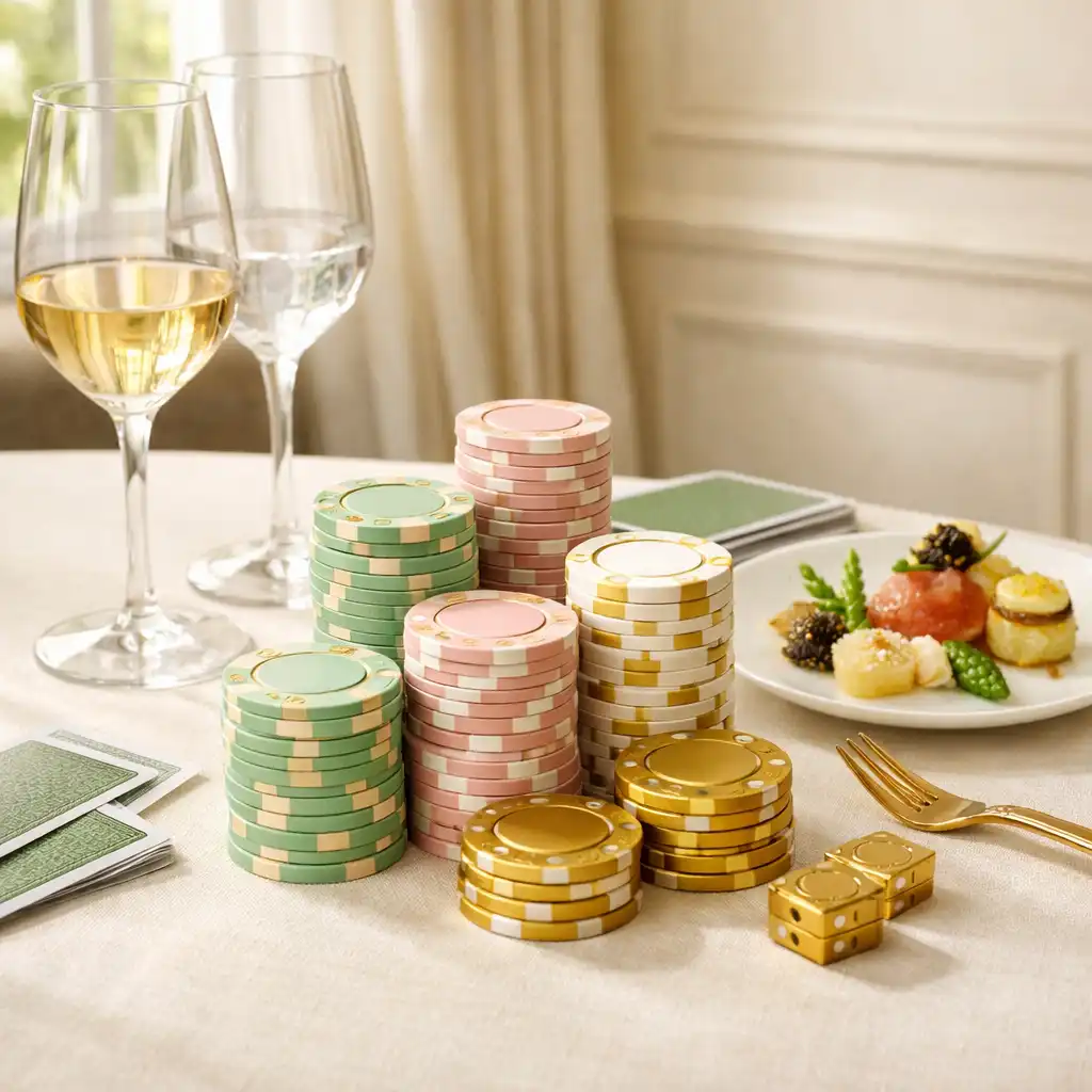 Table de poker habillée de lin ivoire avec jetons en céramique pastel et or, verres à vin et mise en bouche raffinée