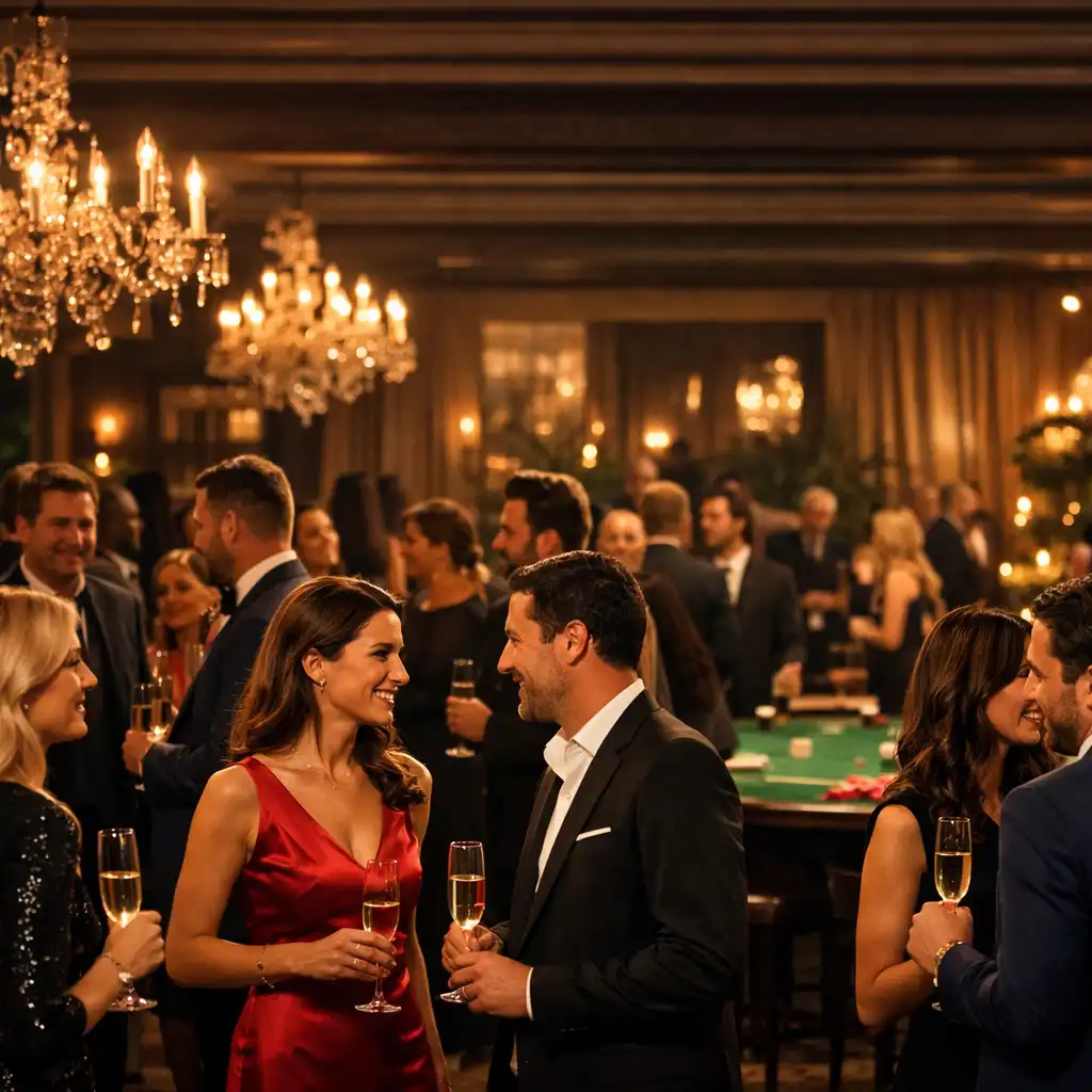 Invités élégants discutant autour de coupes de champagne dans un salon chaleureux, avec une table de poker visible au loin.