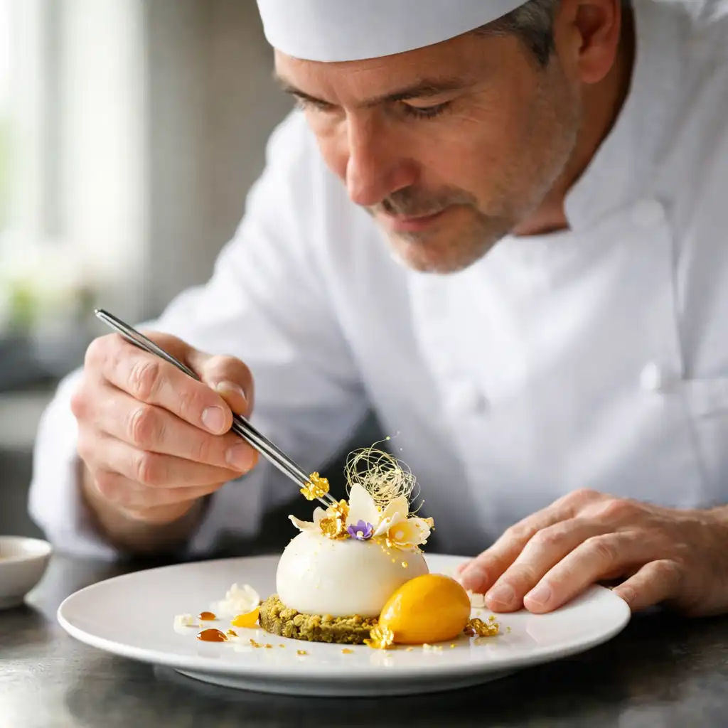 Un chef en veste blanche dresse un dessert délicat orné de feuille d'or dans une cuisine lumineuse.