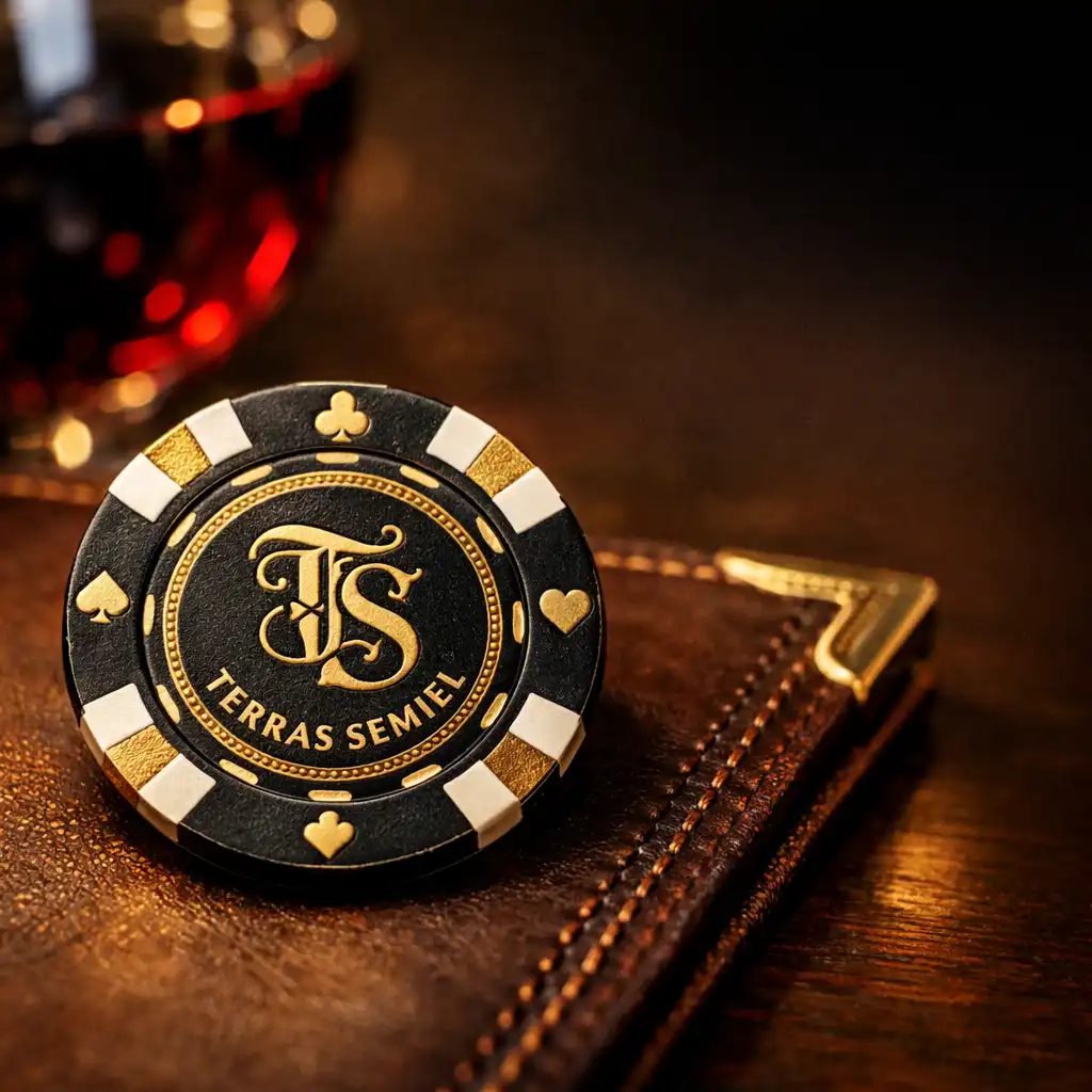 Gros plan sur un jeton de poker au monogramme Terras Semiel posé sur un menu en cuir, avec un verre de vin rouge flouté en arrière-plan.