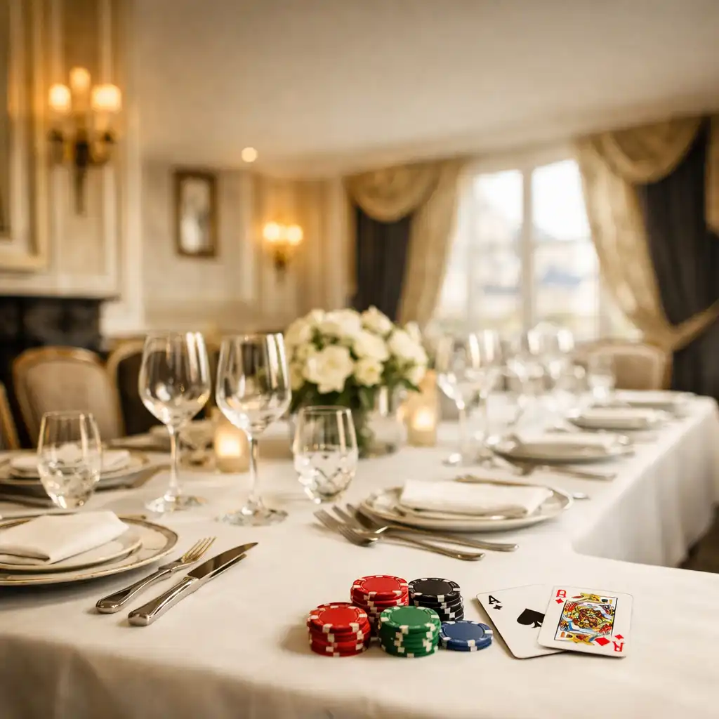 Table élégante dressée pour un dîner raffiné, avec couverts en argent, verres en cristal et jetons de poker disposés avec soin dans un salon parisien baigné de lumière naturelle.