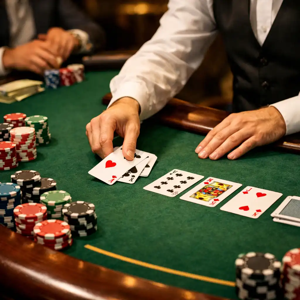 Mains d'un croupier professionnel distribuant des cartes sur une table de poker en bois sombre, avec des jetons élégamment empilés.