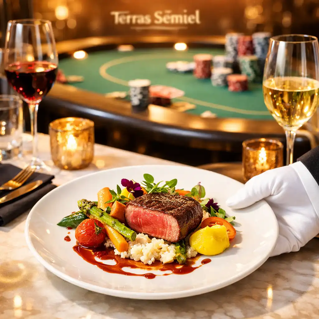 Un serveur ganté dépose un plat gastronomique aux couleurs éclatantes, avec une table de poker floutée en arrière-plan.