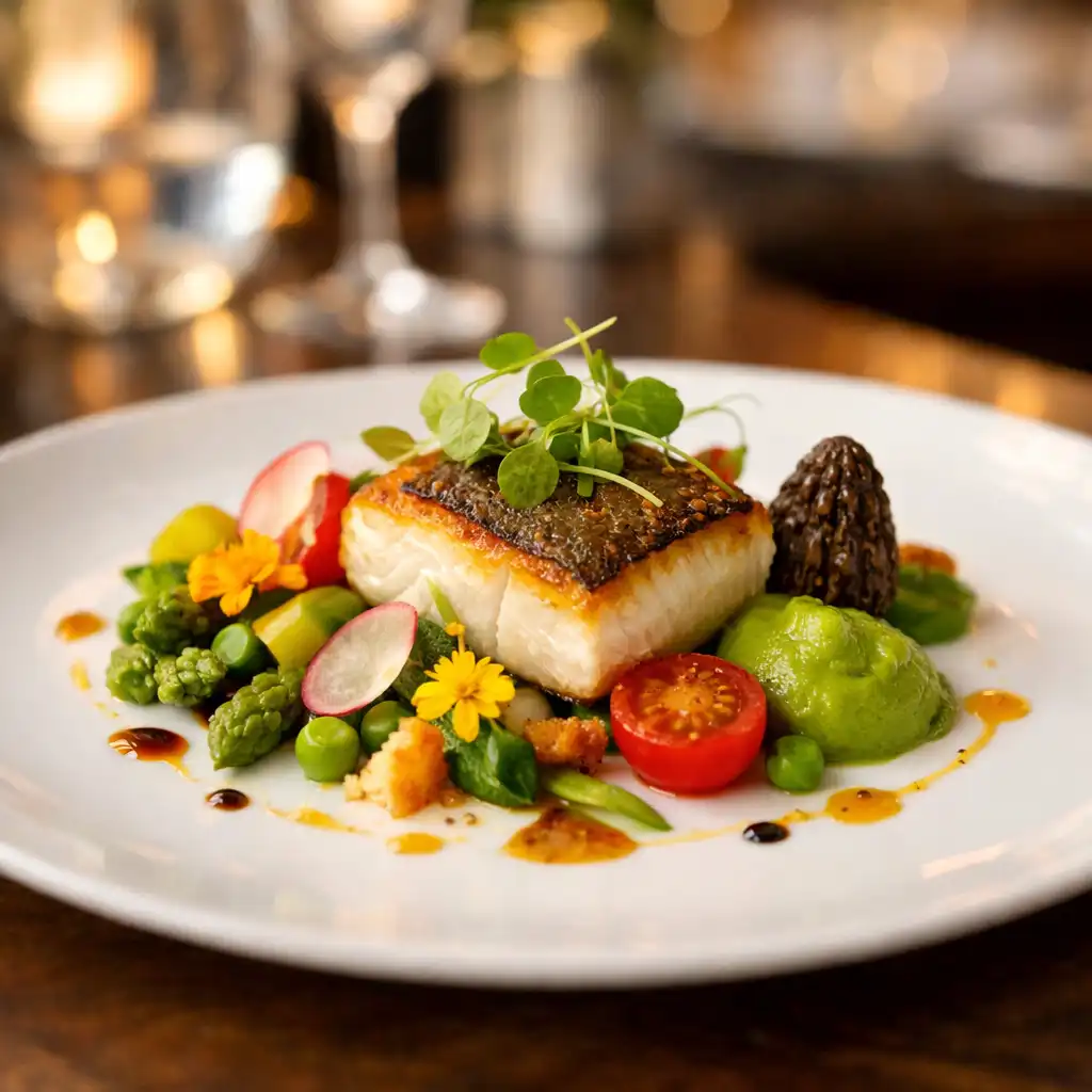 Plat gastronomique raffiné dressé avec précision sur une assiette en porcelaine blanche