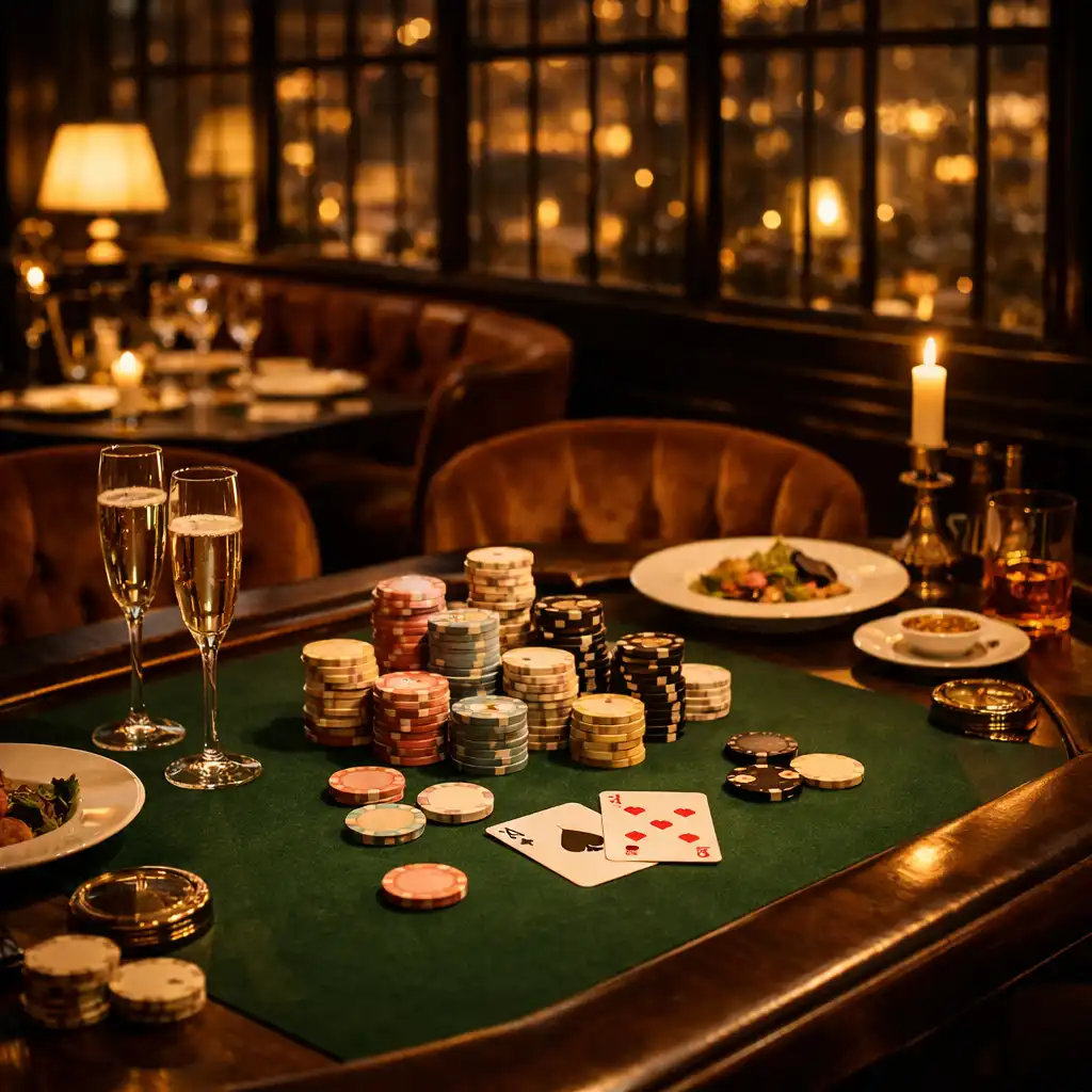 Table de poker élégante dans un restaurant gastronomique parisien, avec jetons en céramique, coupes de champagne et lumière tamisée
