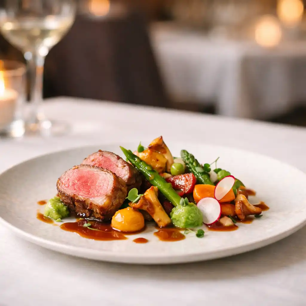 Assiette gastronomique raffinée sur une table élégante avec un plat de saison présenté artistiquement