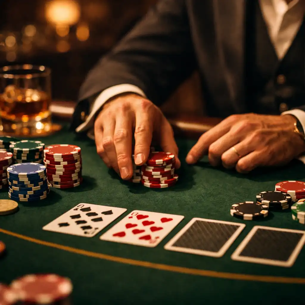 Table de poker haut de gamme avec tapis vert, jetons en céramique et cartes à jouer