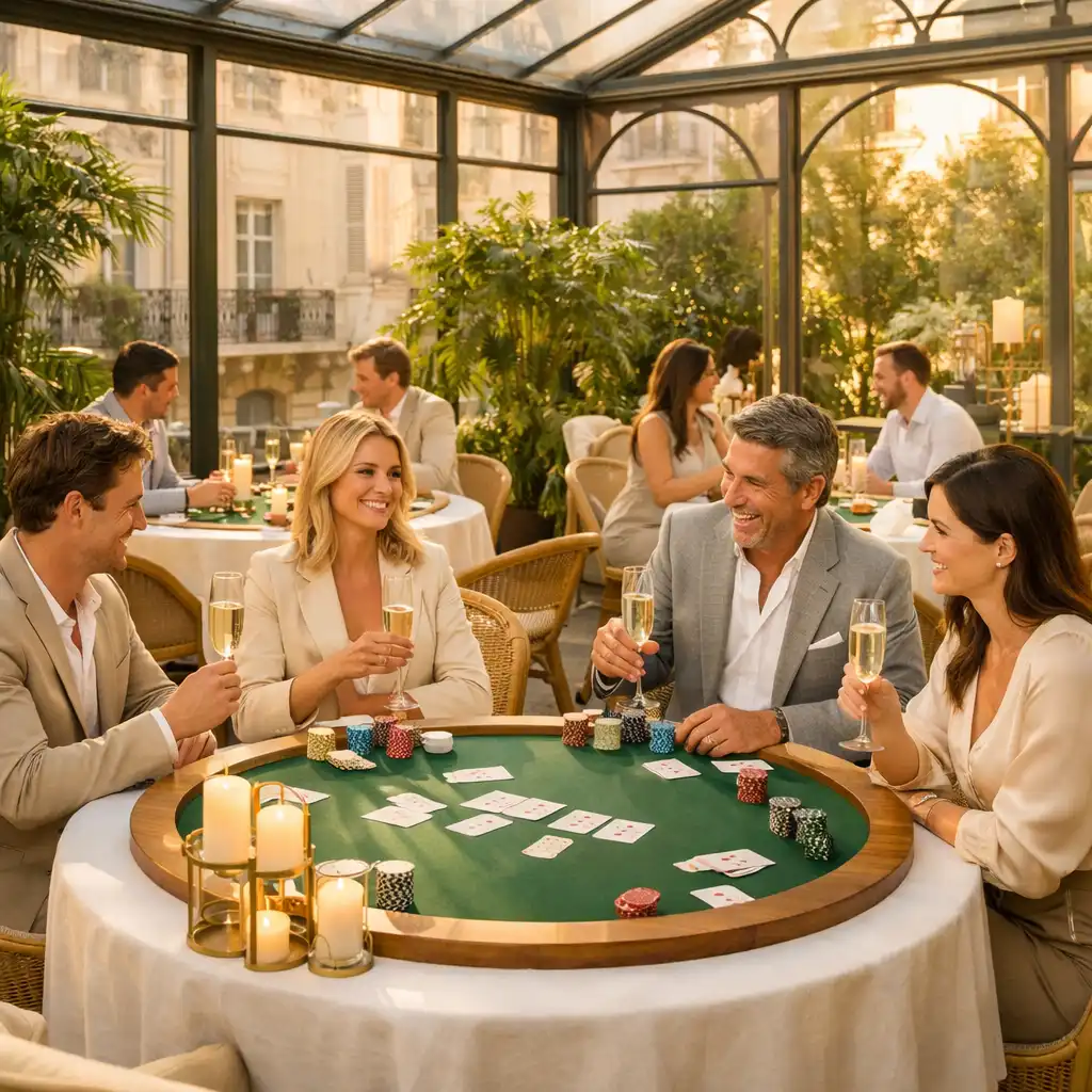 Véranda parisienne baignée de soleil transformée en salon de poker élégant avec invités en tenue smart-casual